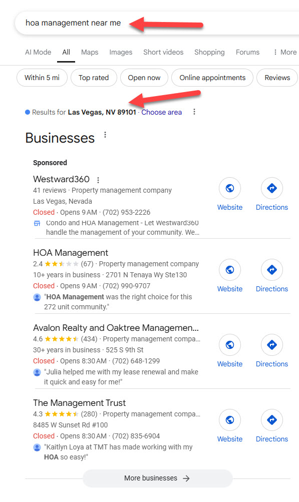 Screenshot of top Google search results for Las Vegas.