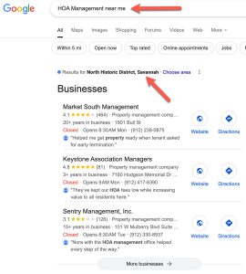 Google search results for "HOA Management near me" showing top property management companies in North Historic District, Savannah.