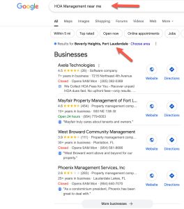Google search for "HOA Management near me" showing results in Beverly Heights, Fort Lauderdale.