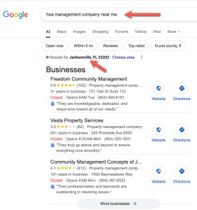 Google search for "HOA management company near me" showing results in Jacksonville, FL.